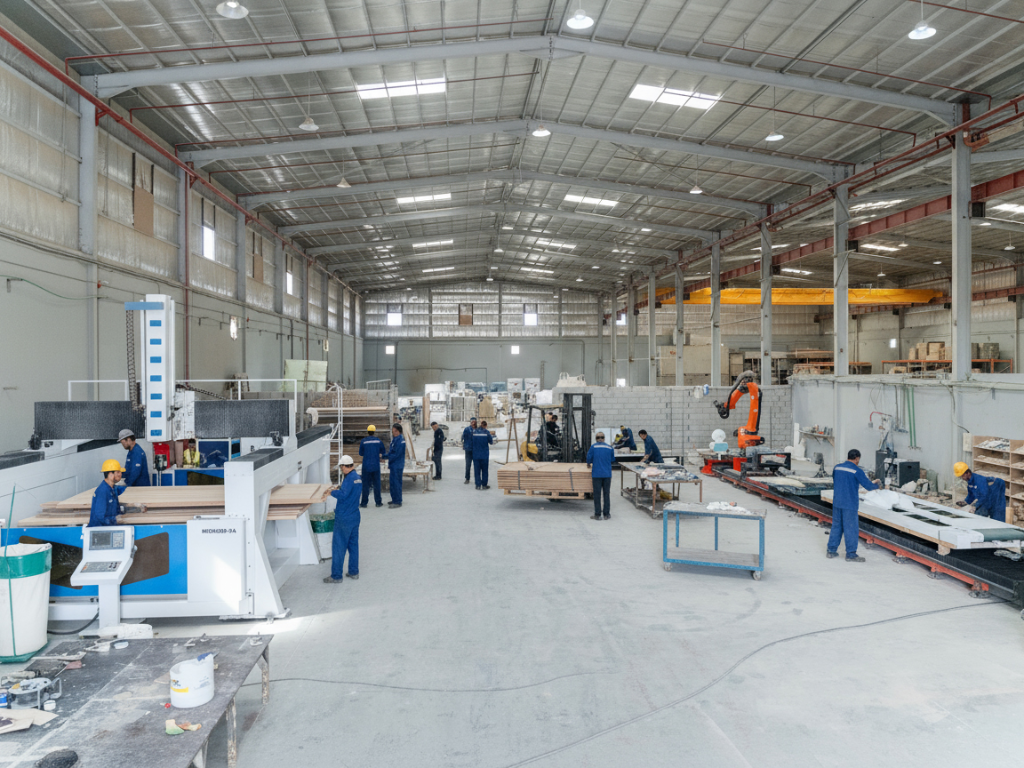 GRC manufacturing facility in Riyadh showing moulding, casting, and finishing operations.