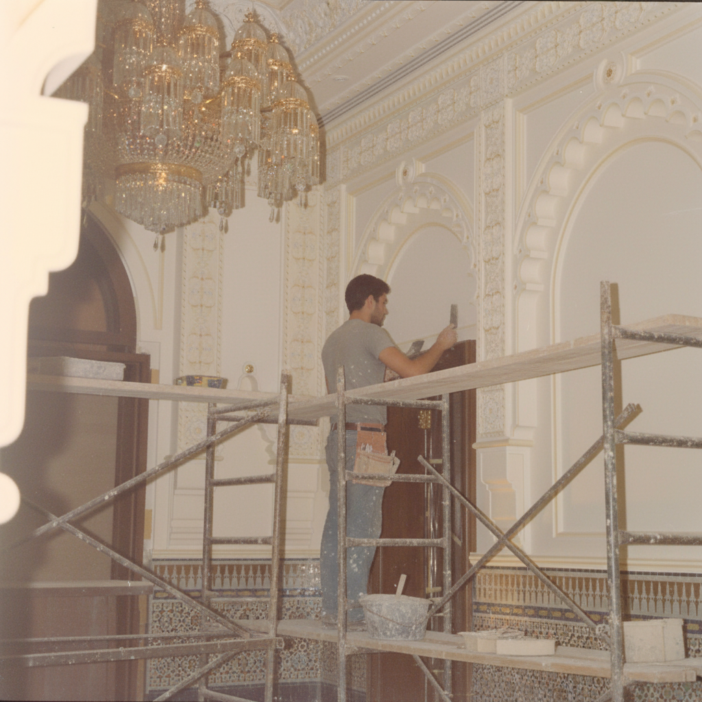 Construction worker on scaffolding representing early foundation of Sana AlJazira.
