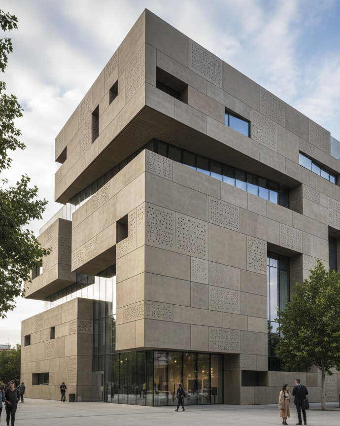 Modern Saudi building featuring UHPC façade panels with sharp edges and smooth architectural surfaces