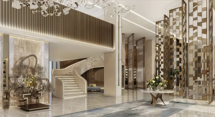 Luxury interior fit-out with custom joinery, soft furnishings, and decorative wall cladding