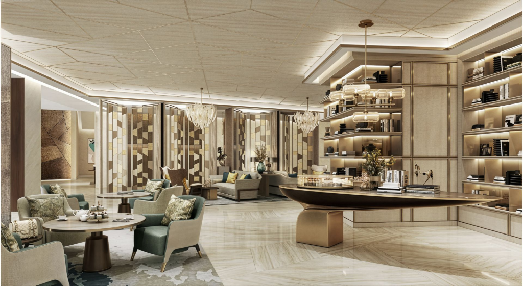 Luxury interior fit-out with custom joinery, soft furnishings, and decorative wall cladding