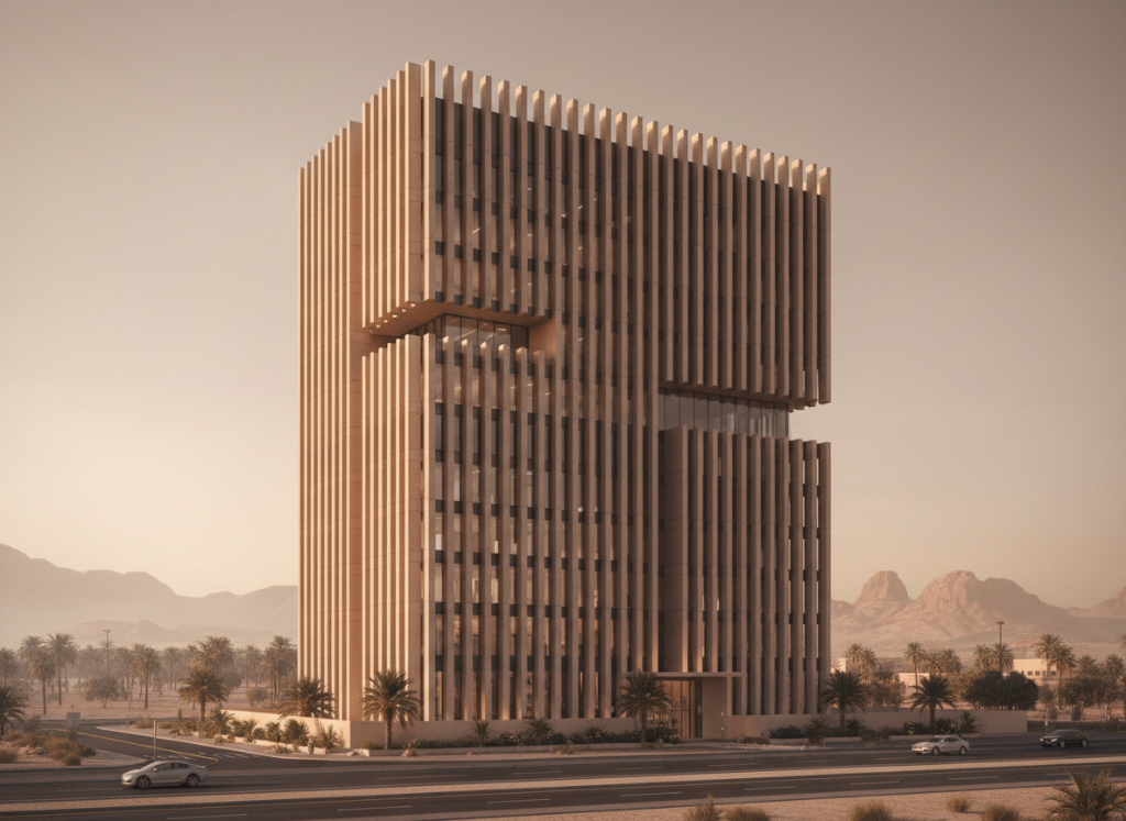 UHPC façade with vertical fins on modern building in Saudi Arabia.