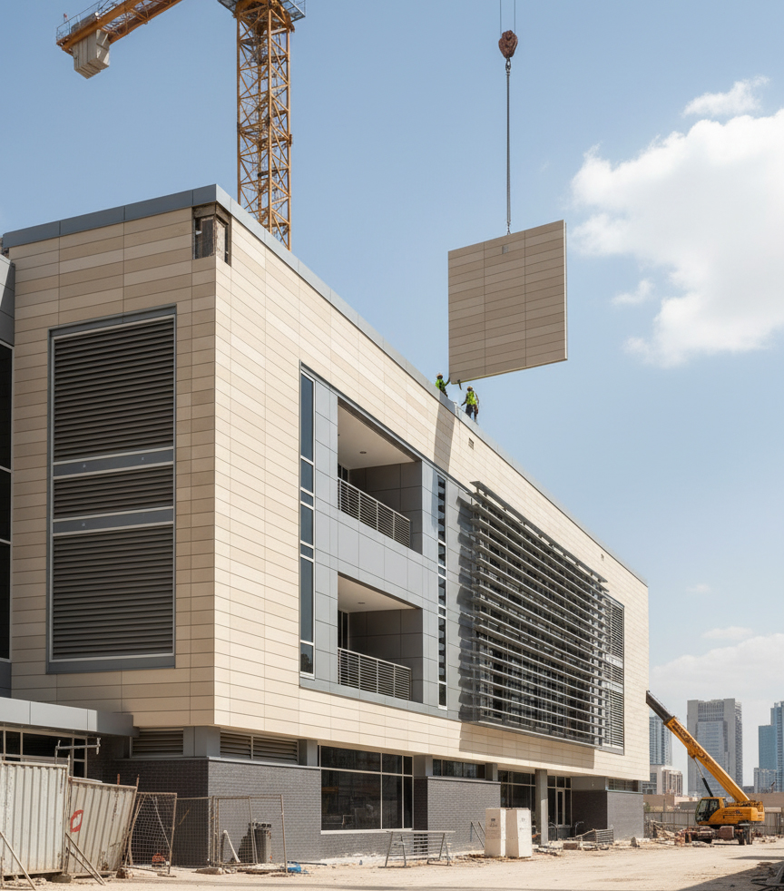 UHPC façade under installation showing slender vertical louver elements.