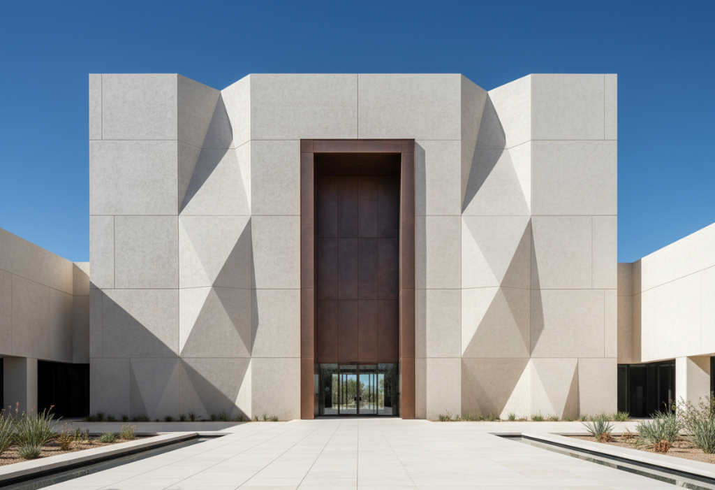 UHPC architectural entrance with sharp-edged panels and textured surfaces