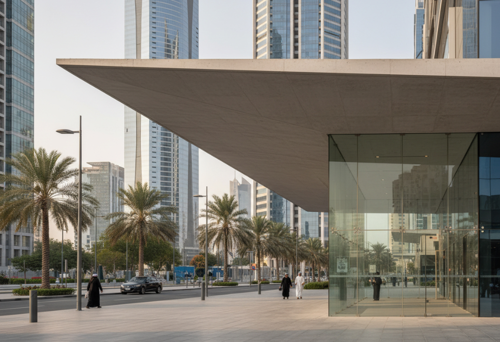 Modern UHPC façade system with shading louvers and clean geometry.