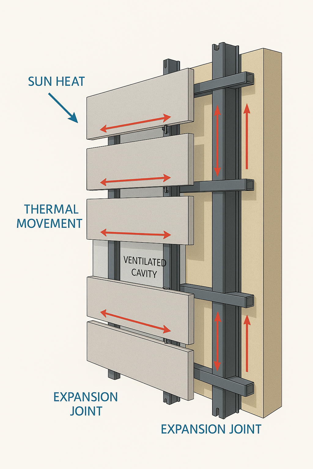 Technical diagram of UHPC façade panel fixing system showing thermal movement joints.