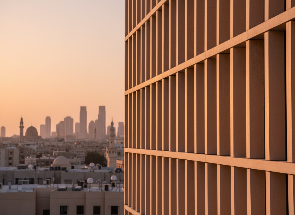 UHPC façade with sunset lighting showing thin profiles and clean panel geometry