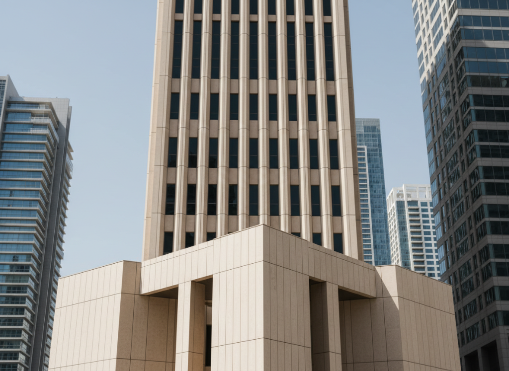 Modern building façade with white vertical GRC fins and shading elements.