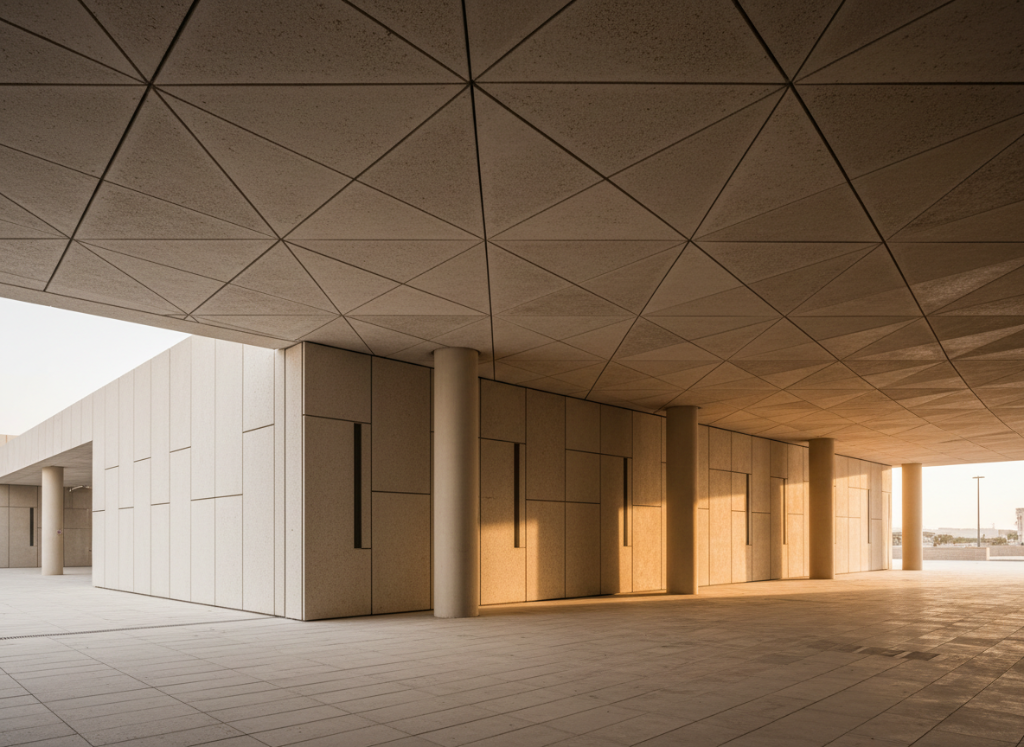 Commercial building façade finished with GRC cladding and accent lighting.