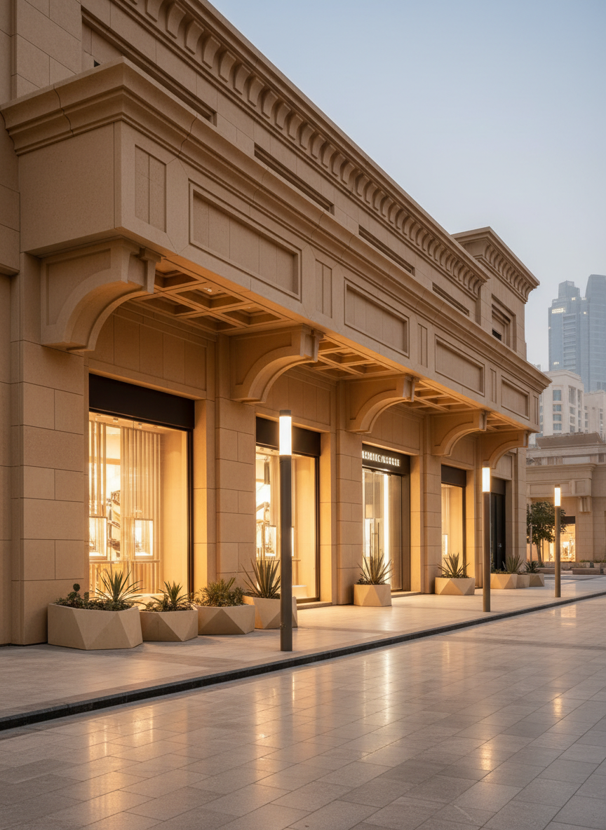 Commercial façade featuring GRC arches and illuminated exterior cladding.