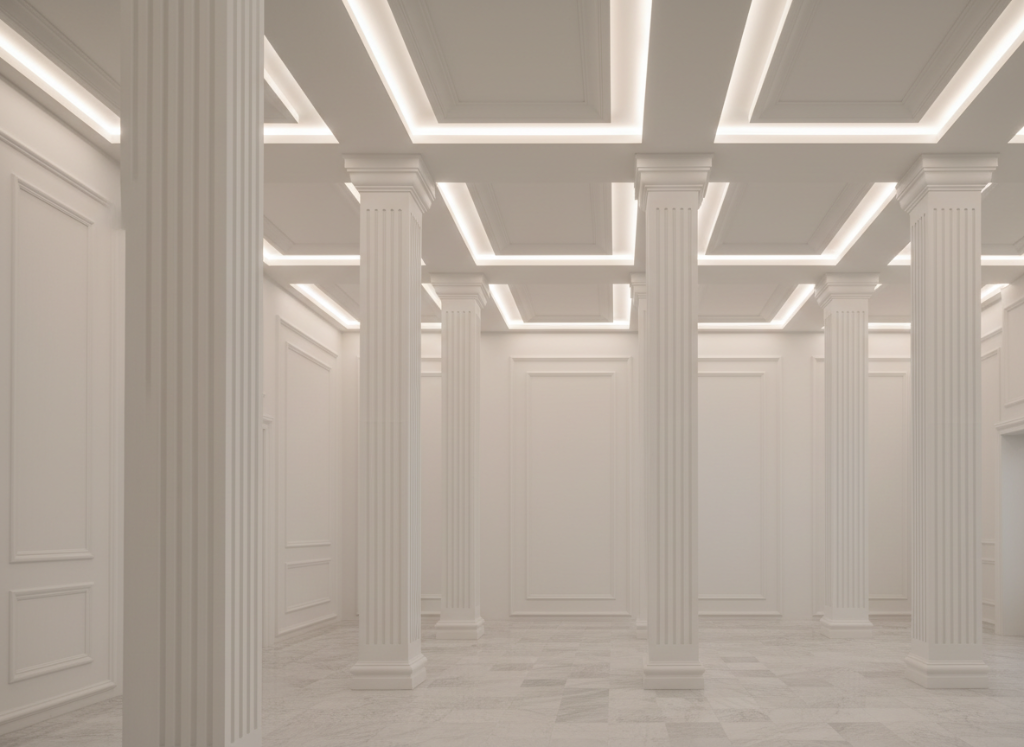 Modern GRG ceiling design with linear recesses and integrated lighting