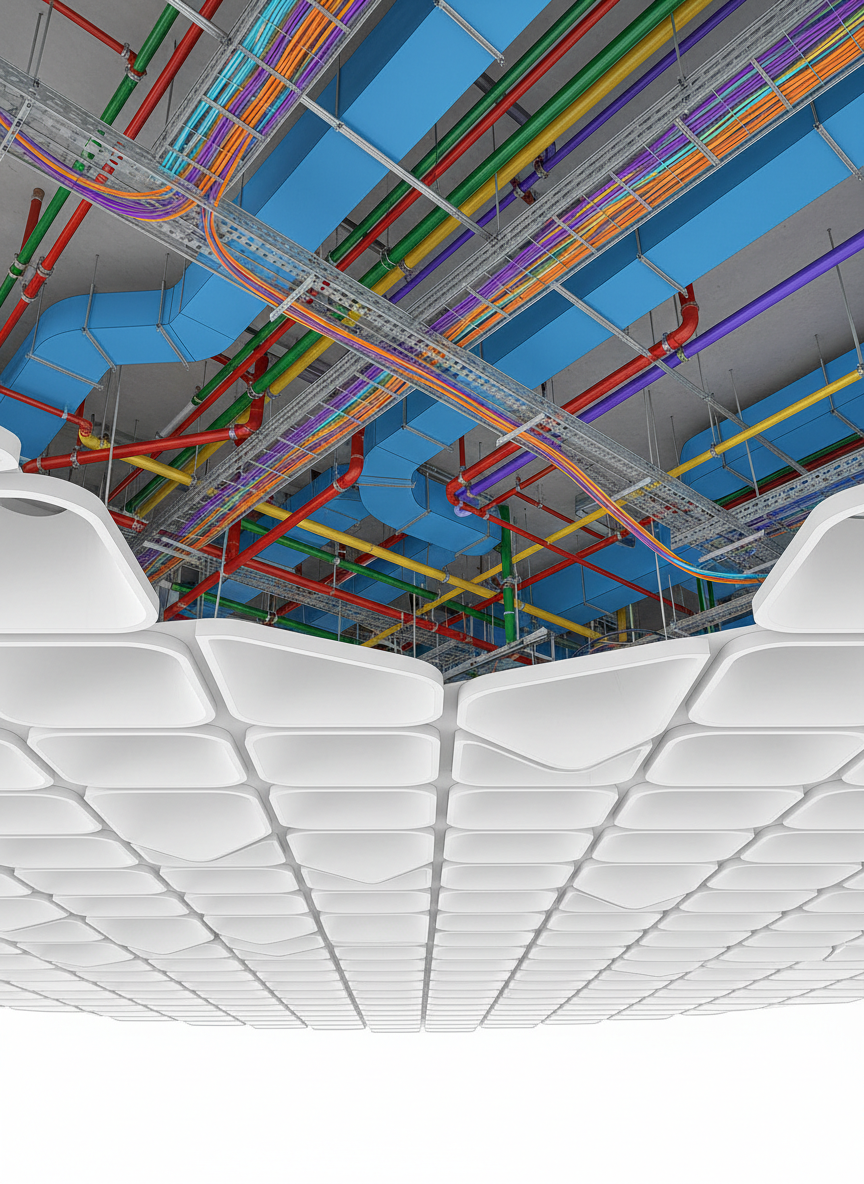 3D coordination model showing GRG ceilings integrated with MEP and lighting systems.