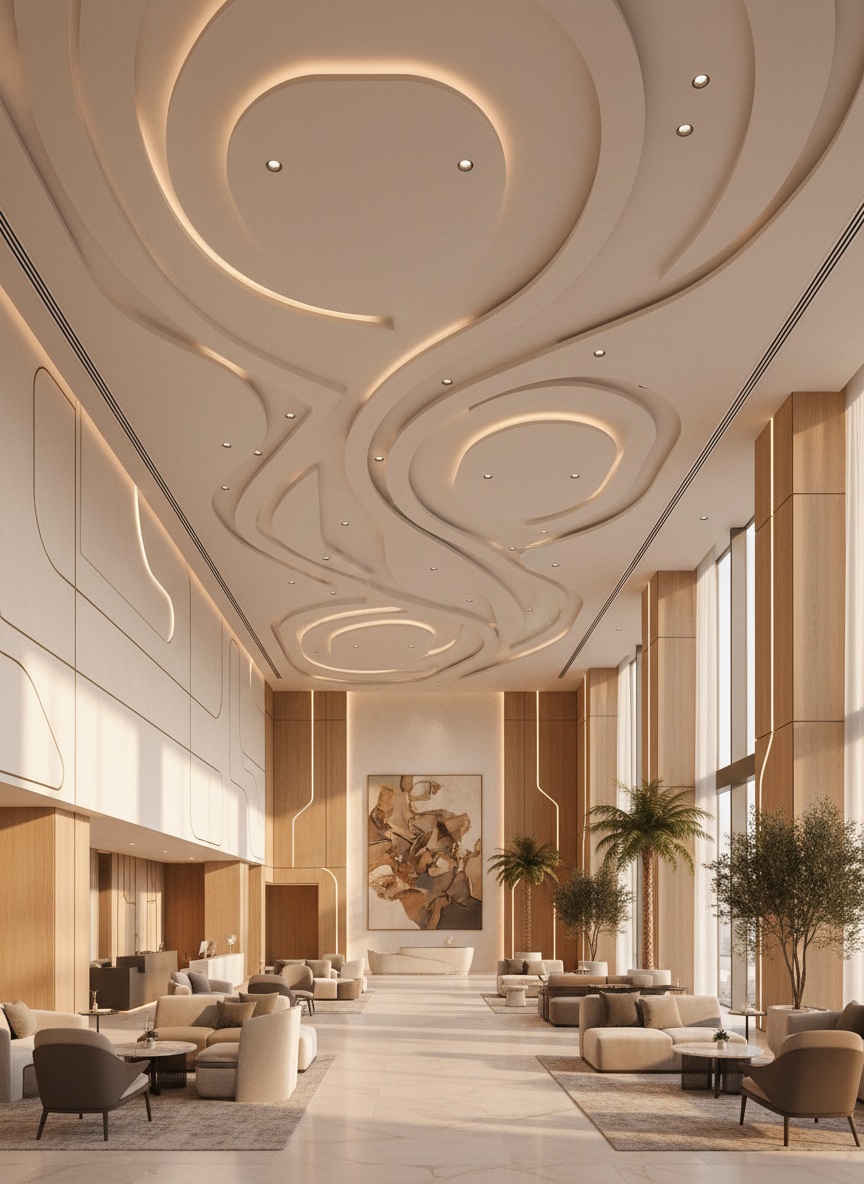 Luxury GRG feature ceiling with curved shapes, recessed lighting and decorative patterns.
