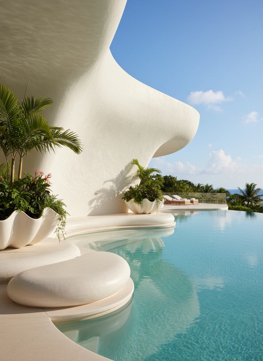 Organic sculpted GRP exterior form with smooth curved surfaces for architectural feature elements