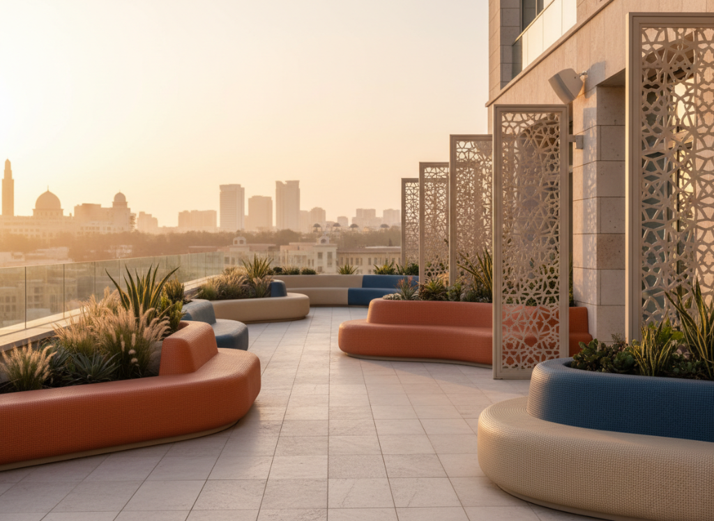 Urban landscape seating and feature elements manufactured in GRP for durability and lightweight performance