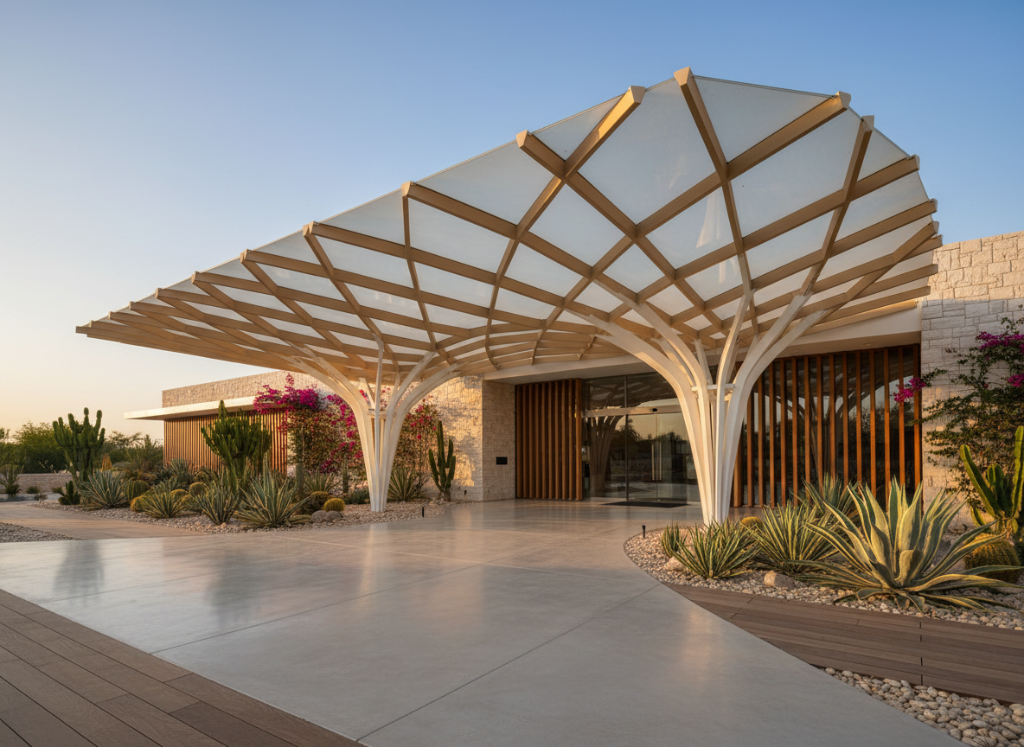 GRP pergola with decorative lattice shading designed for outdoor hospitality spaces