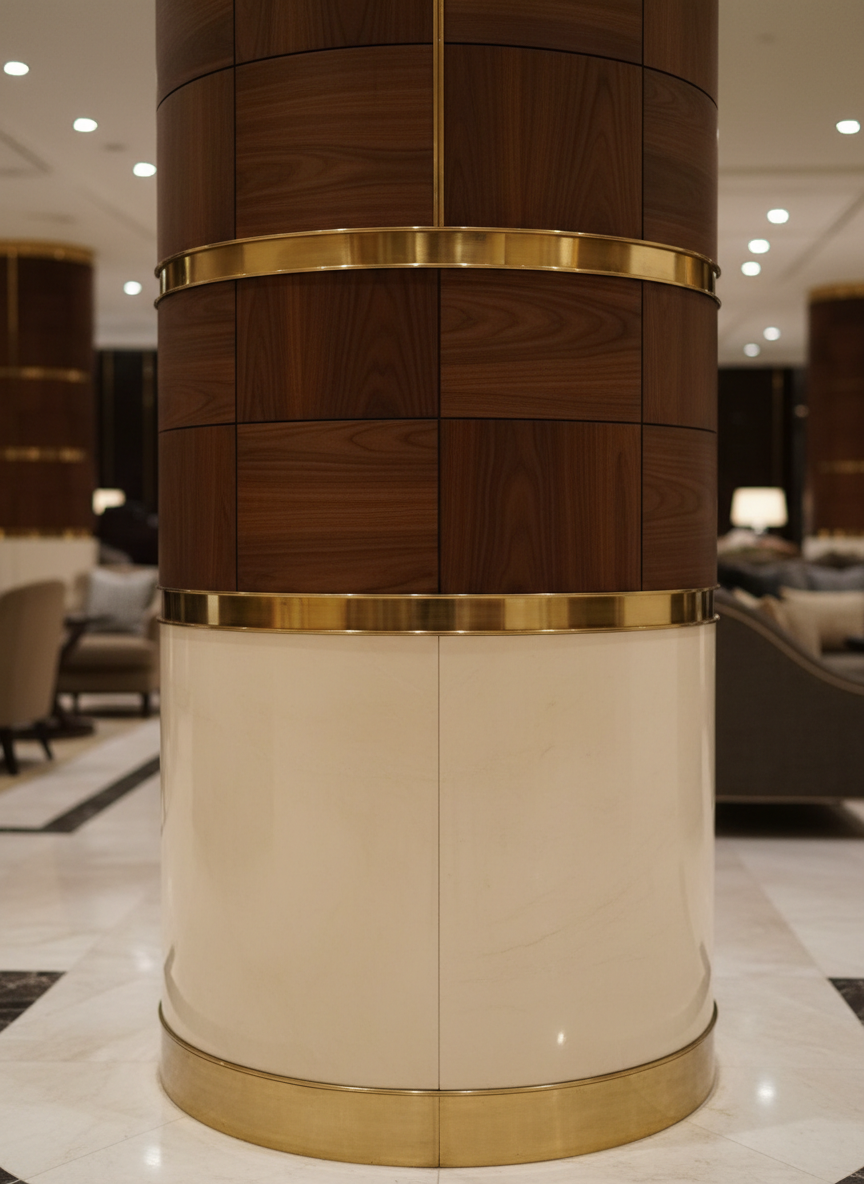 GRP column cladding finished to resemble wood grain for interior architectural applications