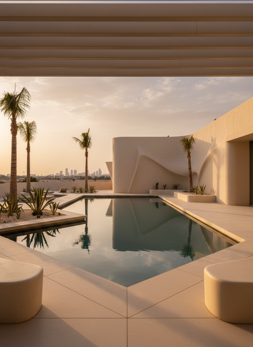 Outdoor poolside pergola made of GRP with smooth curved shading elements