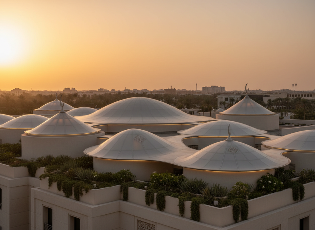Cluster of GRP domes used for lightweight roofing and architectural shading