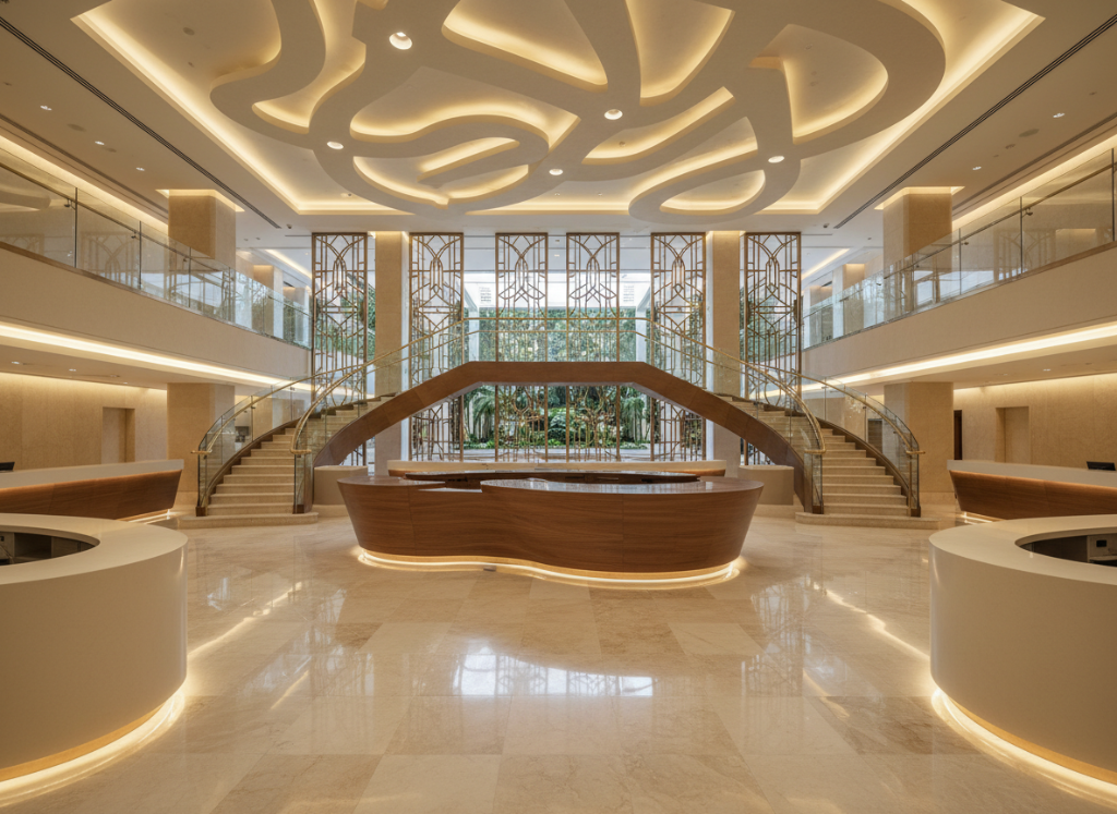 Luxury interior fit-out with custom wood joinery, GRG ceilings, and integrated lighting.