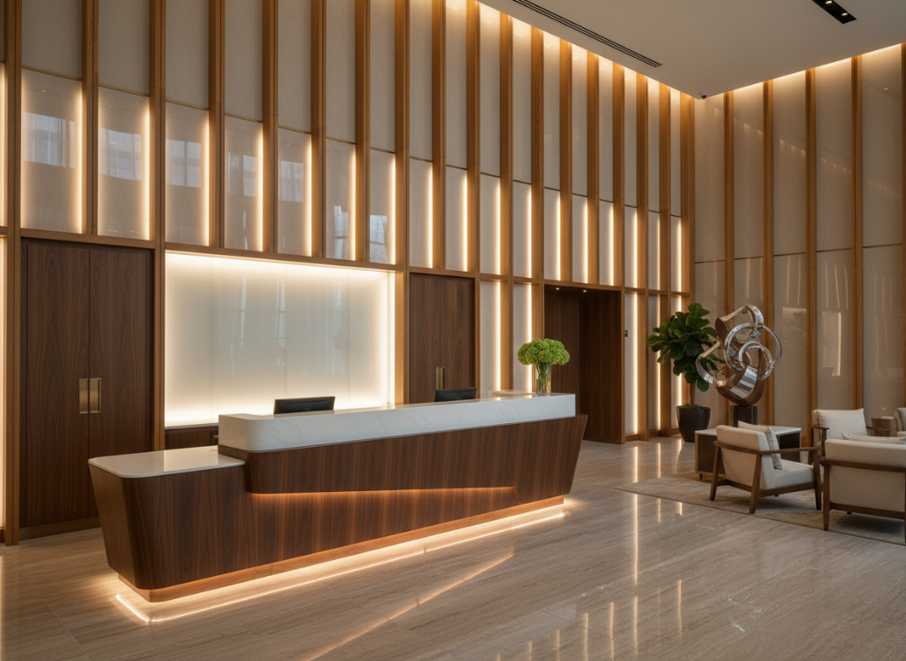 Custom joinery and feature ceiling installed in a luxury hotel lobby.