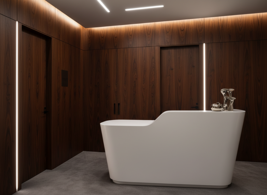 Custom wood and acrylic joinery for luxury bathroom and cabinet interiors