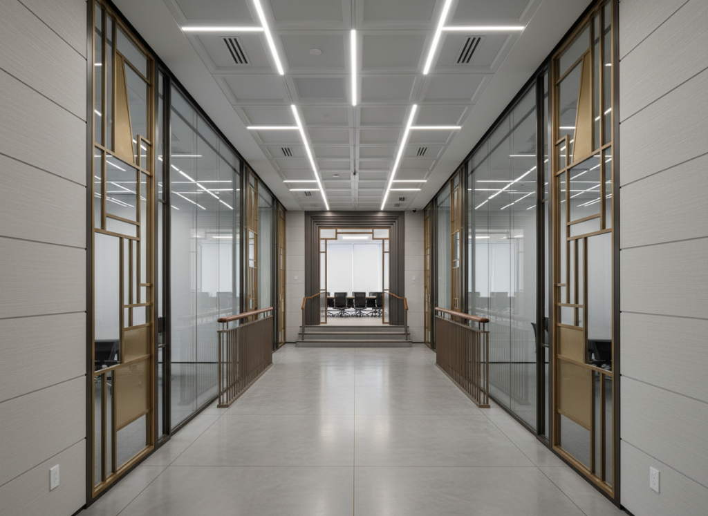Modern office fit-out with glass partitions and bespoke joinery