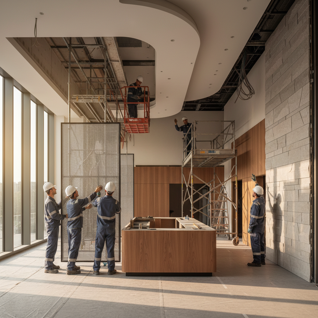 Fit-out team installing ceiling and joinery elements during interior construction.