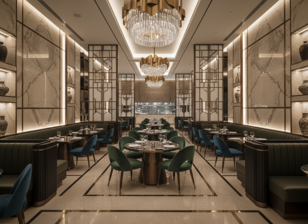 Restaurant interior featuring bespoke wood finishes and decorative ceiling design