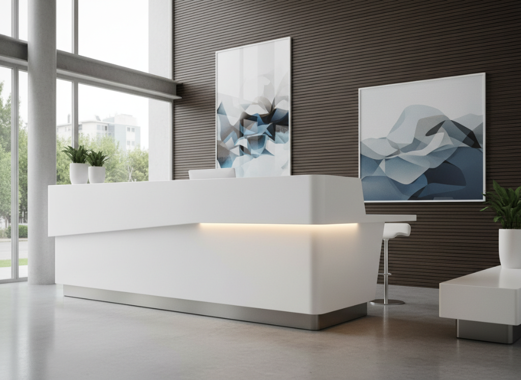 Solid surface counters and feature elements designed for premium interior spaces.
