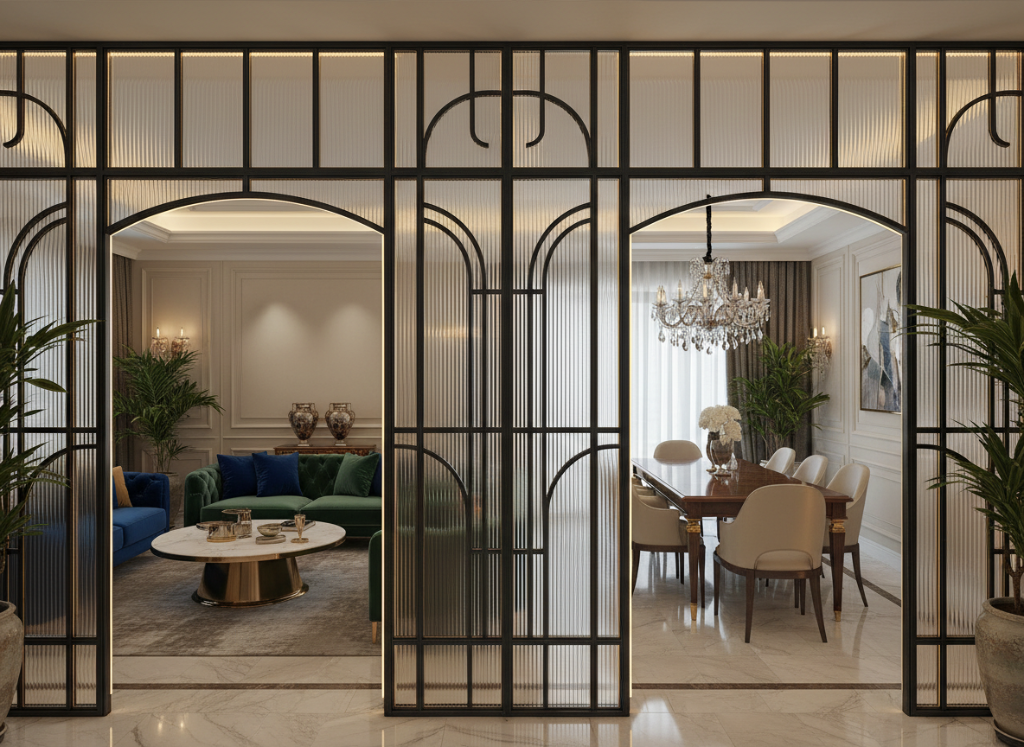Custom metal and glass partition with arched frames for upscale interiors.