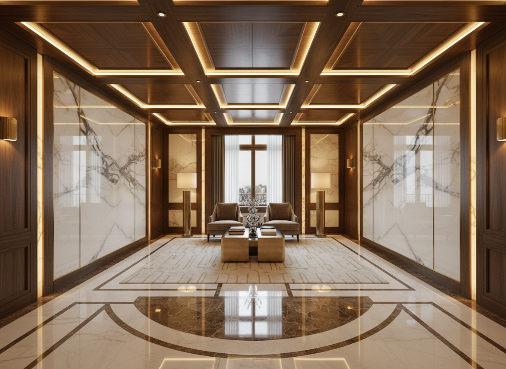 Luxury feature ceiling with integrated lighting and wood veneer wall finishes.