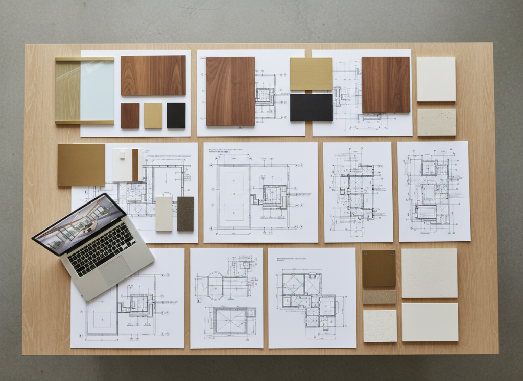 Fit-out coordination board showing drawings, material samples, and mockup elements