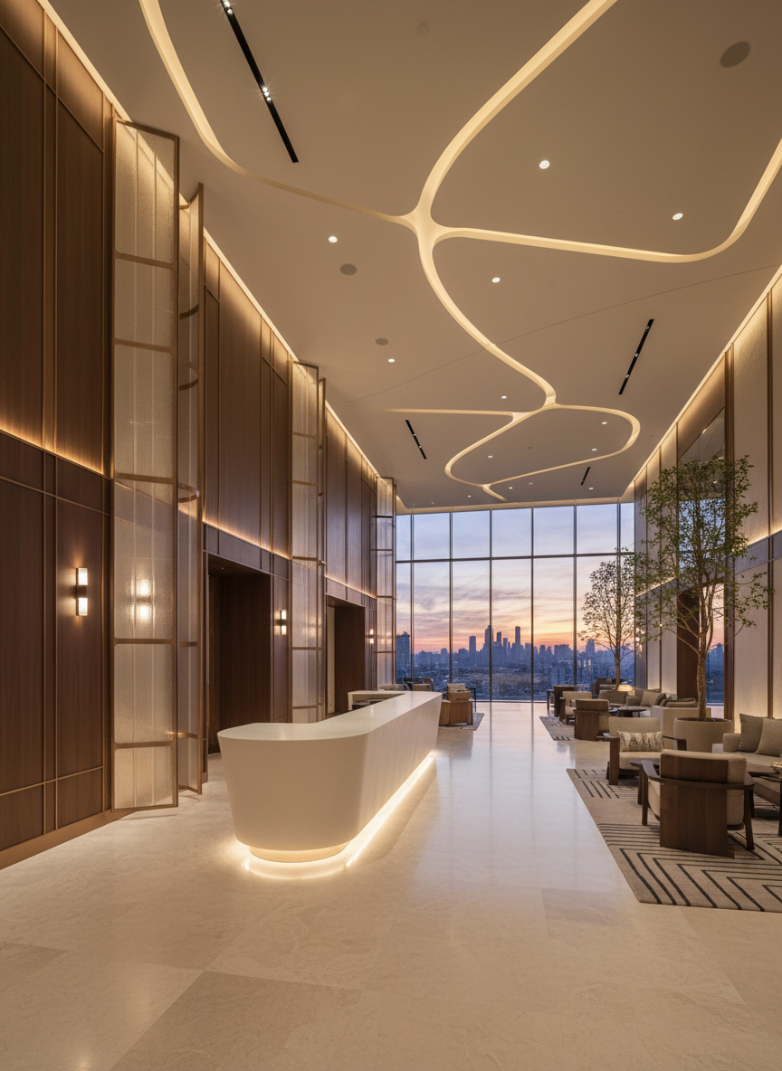 Feature ceiling with curved GRG forms, integrated lighting, and premium joinery