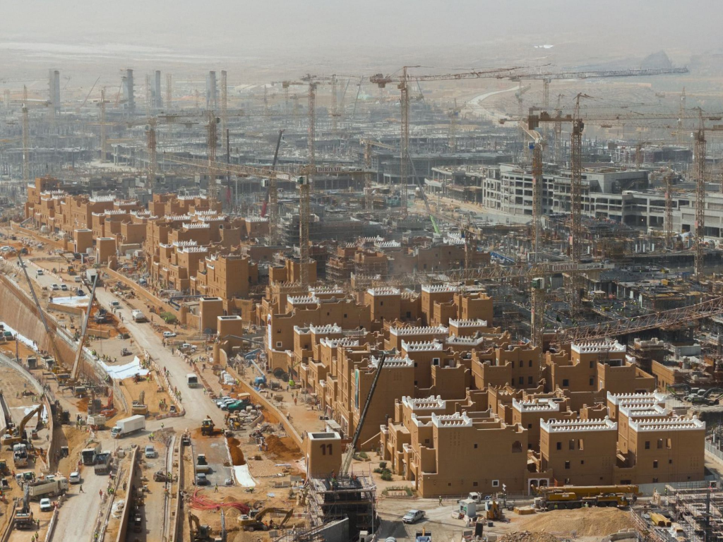 Aerial view of large-scale traditional-style development in Saudi Arabia featuring GRC architecture