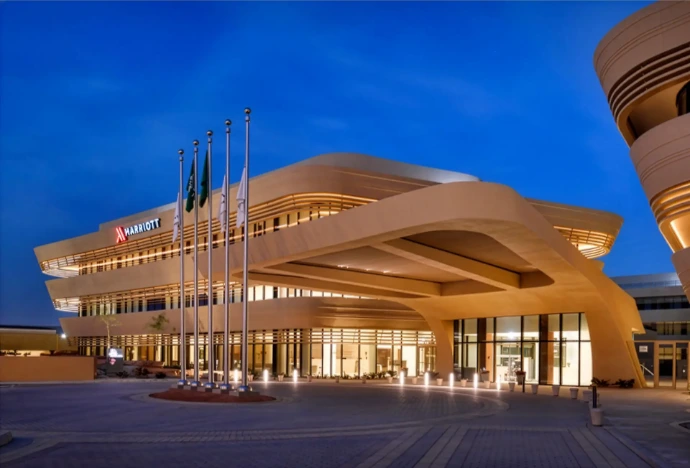 Curved non-repetitive GRC façade panels at Marriott Diplomatic Quarter in Riyadh.